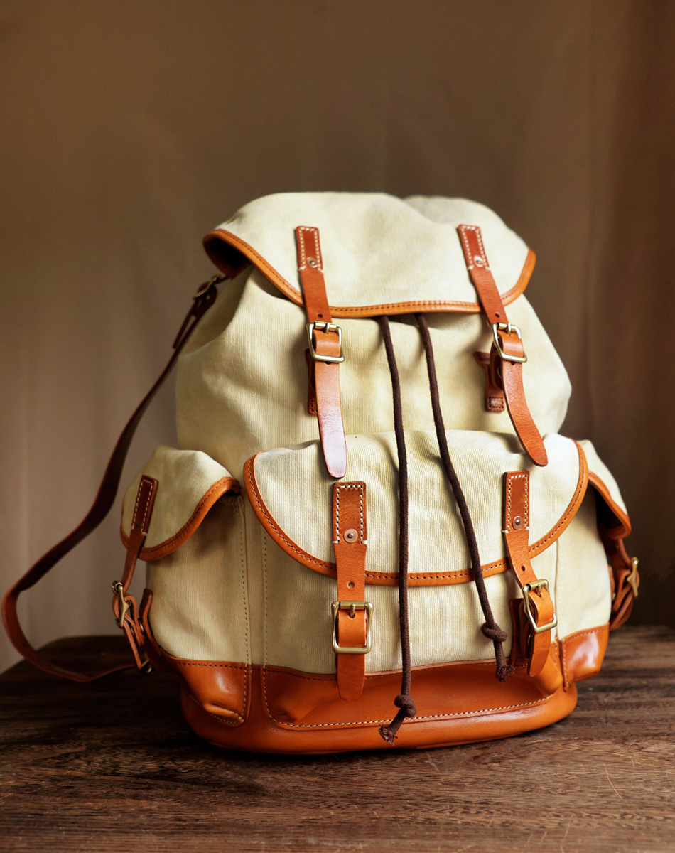 Large Travel Canvas Backpack with Leather Base