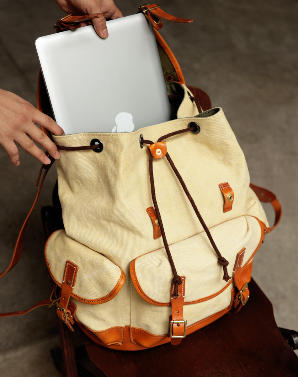 Large Travel Canvas Backpack with Leather Base