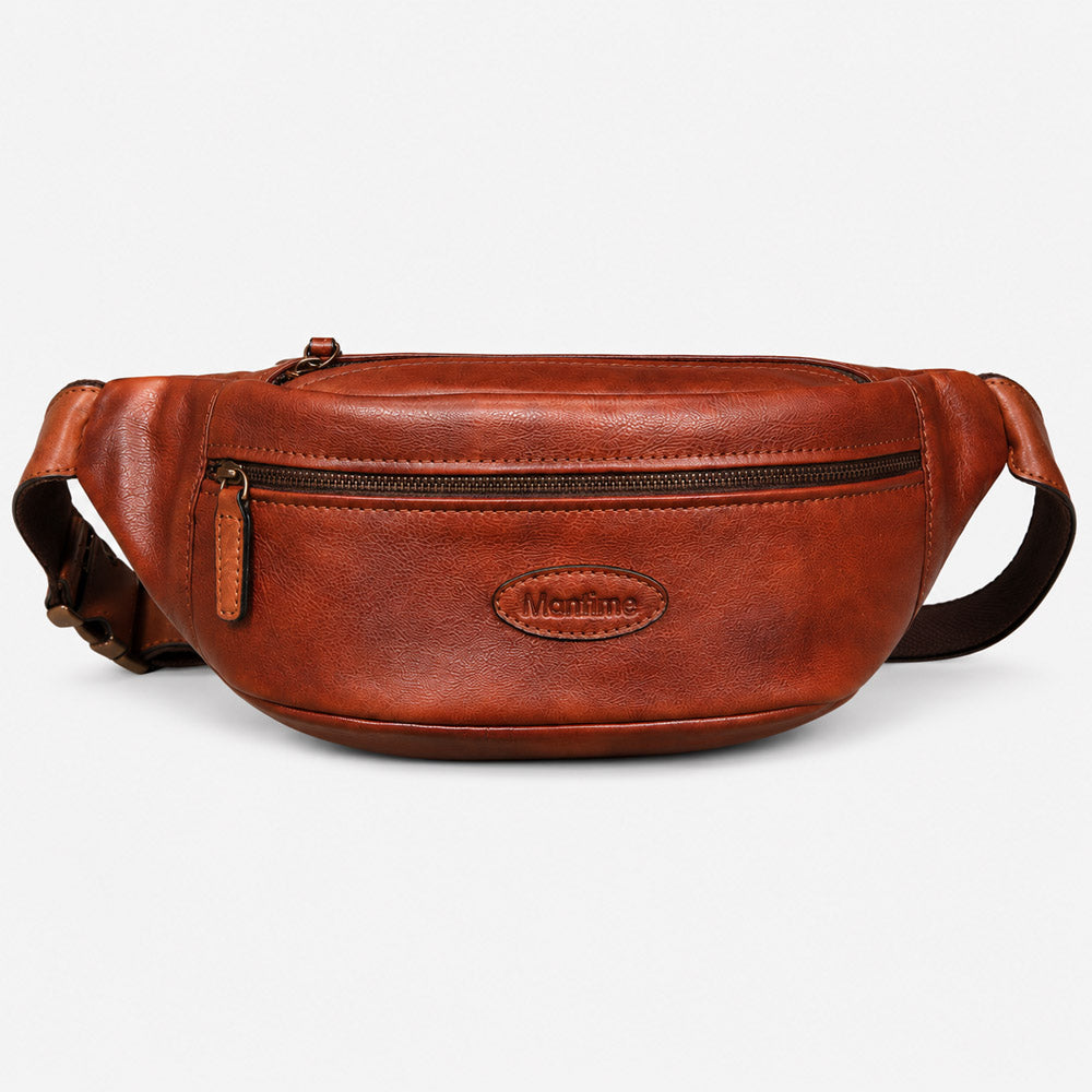 Front view of vintage brown mens leather waist bag with low-profile crossbody design and smooth zipper construction