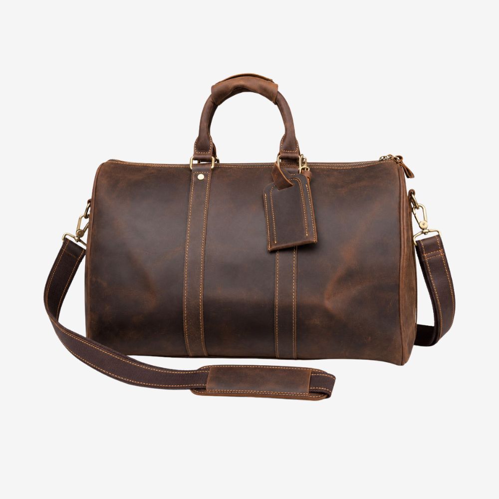 Brown leather duffel bag