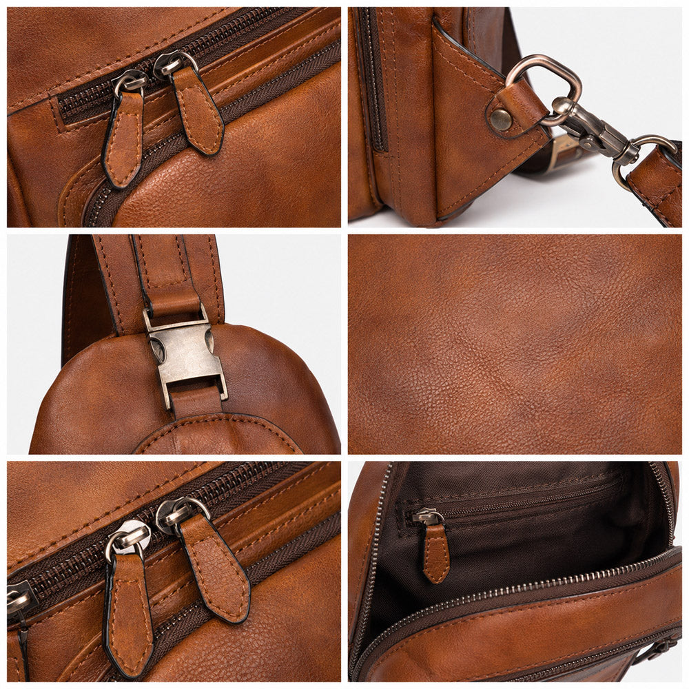 Detail collage of handmade mens bum bag showing vegetable-tanned leather texture, zipper pulls, strap hardware, stitching, and vintage finish