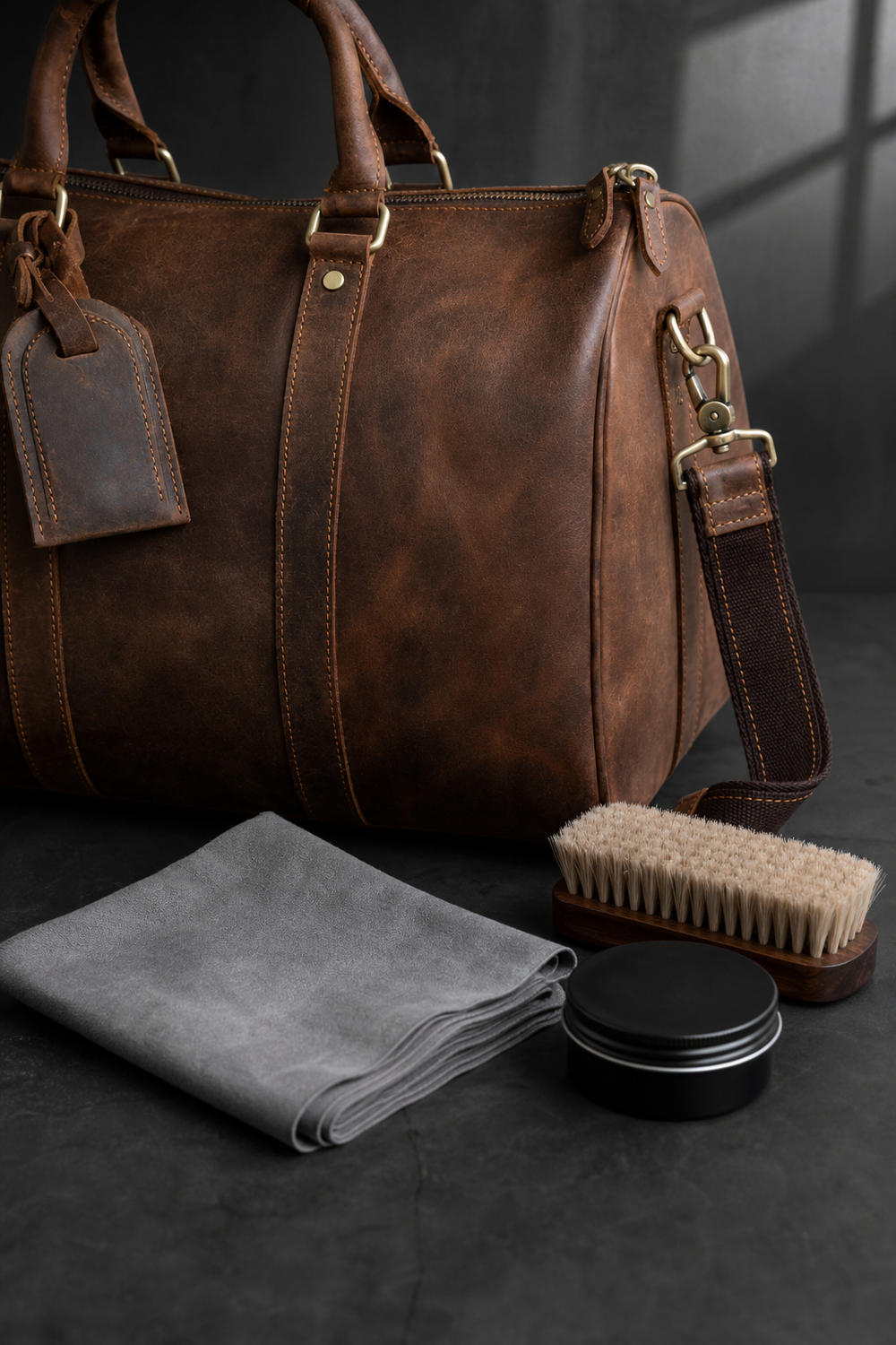 Brown leather Carryfort bag with leather care cloth and tools