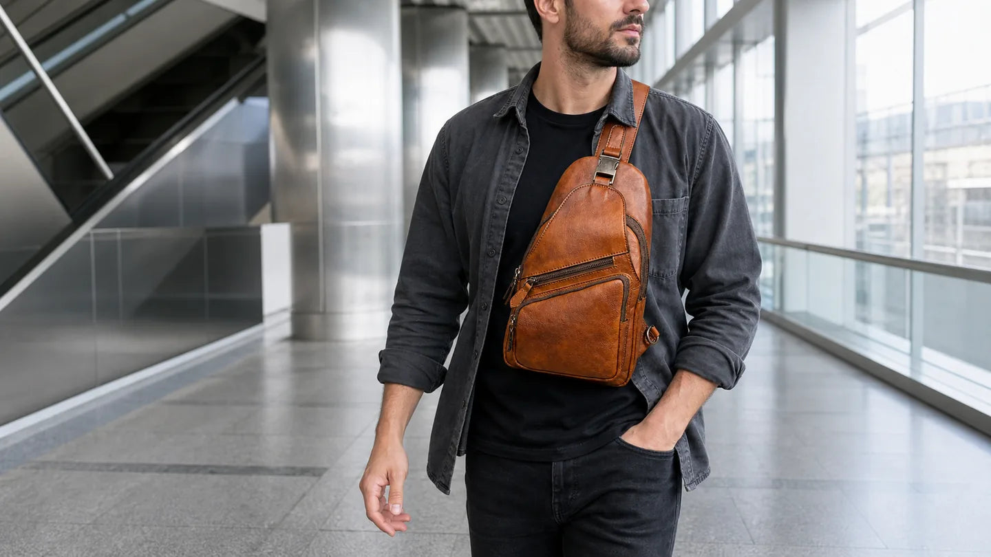 Man wearing the brown Carryfort vintage leather bum bag
