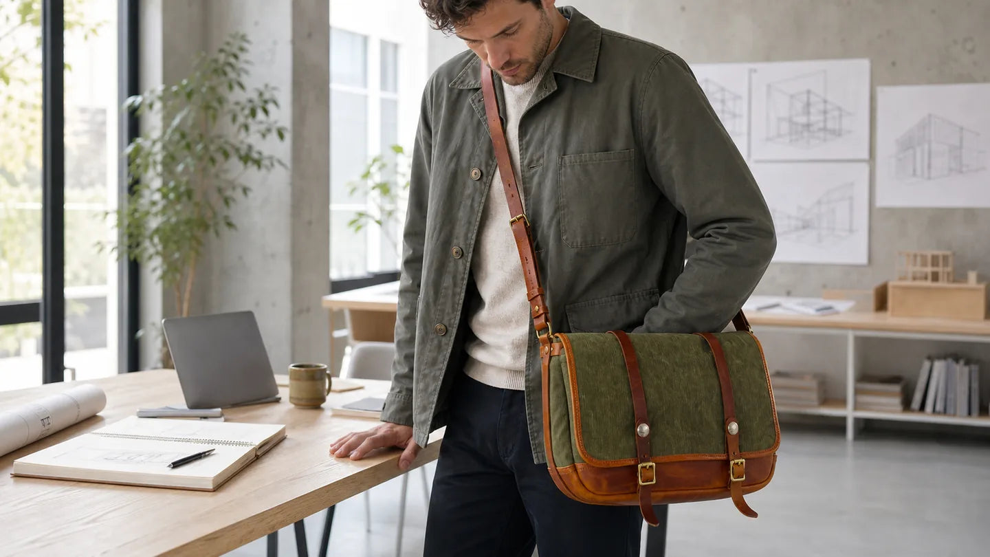 Green canvas and brown leather Carryfort messenger bag in a work setting