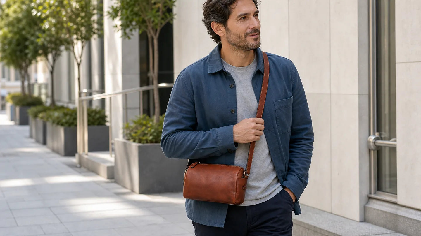 Man wearing the brown Carryfort leather crossbody bag in the city