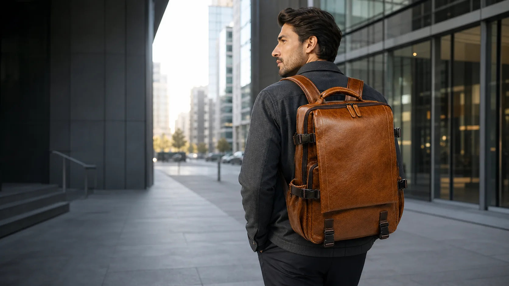 Man carrying a brown Carryfort leather backpack in a bright modern transit setting